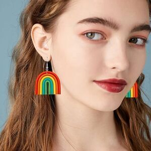 Colorful Ceramic Clay U Shape Handmade Bohemian Rainbow Clay Dangle Earrings